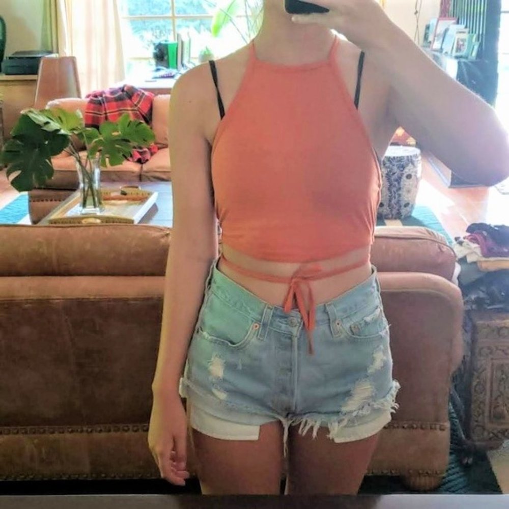 Forever21 Orange Halter Lace Up Back Crop Top